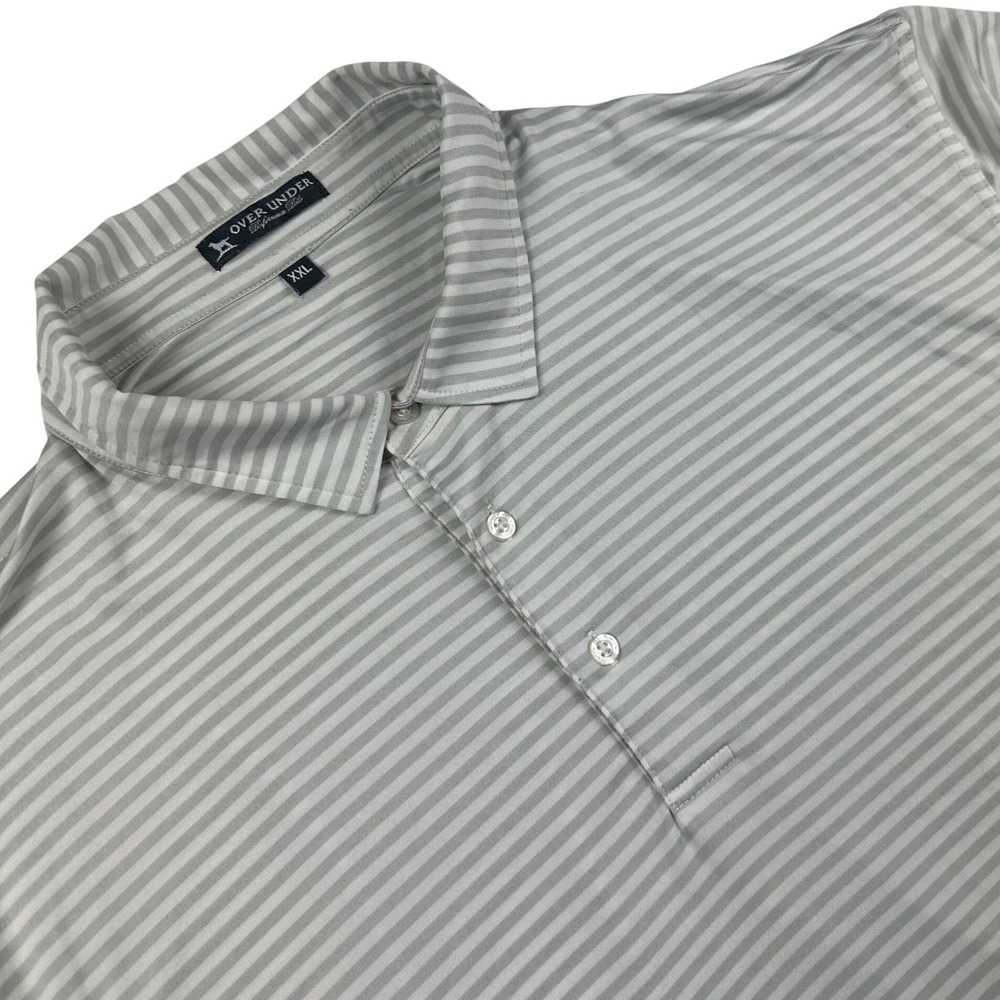 Over Under Mens XXL Performance Polo Shirt Grey‎ White Striped Golf Short Sleeve